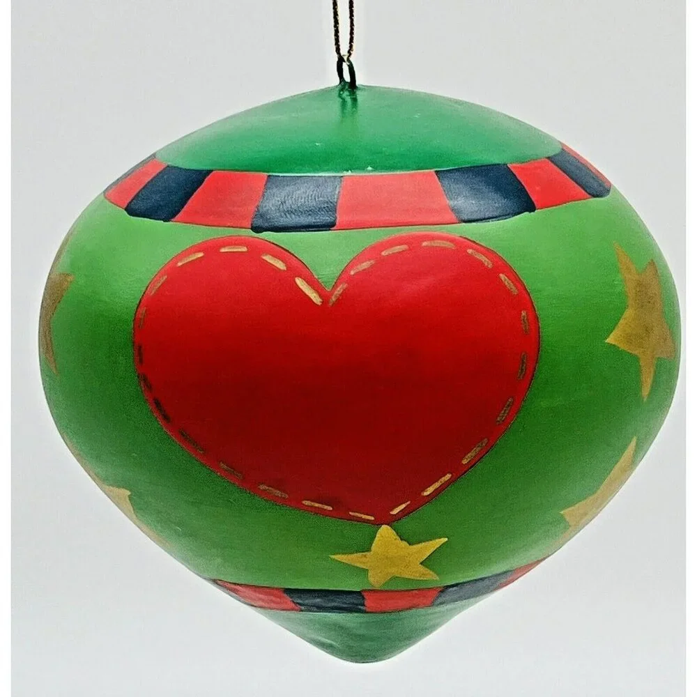 Pier 1 Imports Wooden Ornament Heart Stars 3.5 inch Green Red Blue Gold